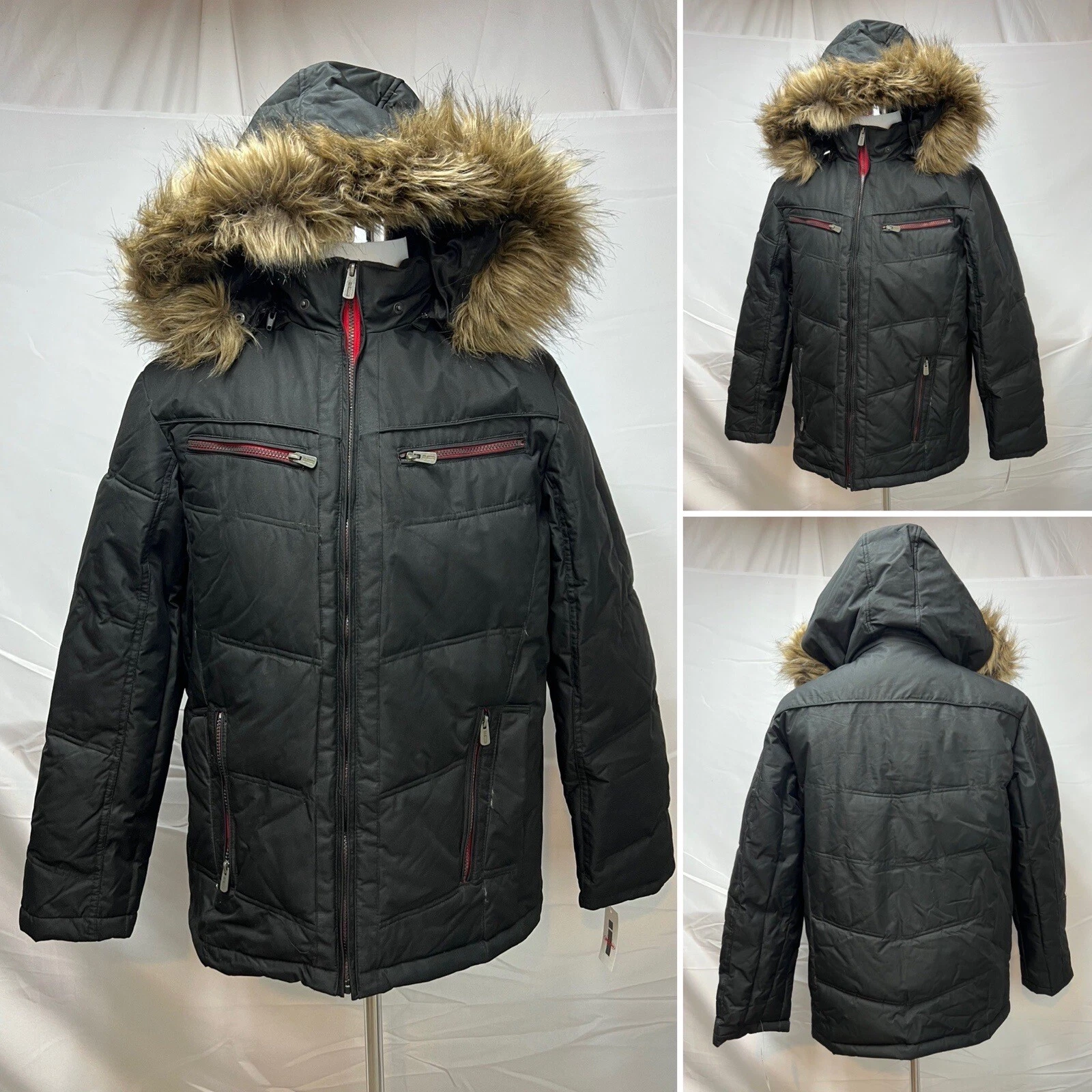 NWT Men's $70 Buffalo Black Fur Trim Hood Winter Coat M Parka Jacket Puffer