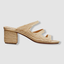 $375 Carrie Forbes Women's Beige Robo Raffia Block-Heel Sandals Shoes Size 37