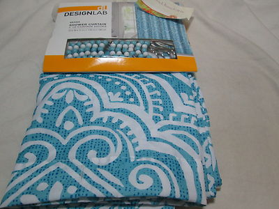 New DL Design Lab NESSA Shower Curtain & 12 Shower Hooks Set ~ Aqua Blue & White