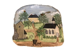 Signed  Naive Folk Art Country Primitive Americana Painting Slate Board 12@10.5