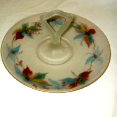 Depression Glass Satin Serving Plate HP Reverse Floral Handle Cottagecore 1930s