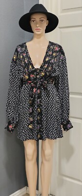 Free People Wonderland Mini Dress Black Floral Size M Balloon Sleeve Boho |  eBay
