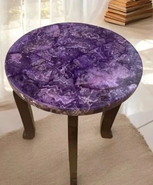 Mesa de centro de cristal de lujo de piedra amatista púrpura de 15" hecha a mano con piedras preciosas de Foto 2 de 4