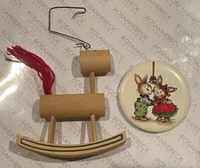 Vintage 1985 Wooden Rocking Horse  Christmas Bunny Kissing Under Mistletoe