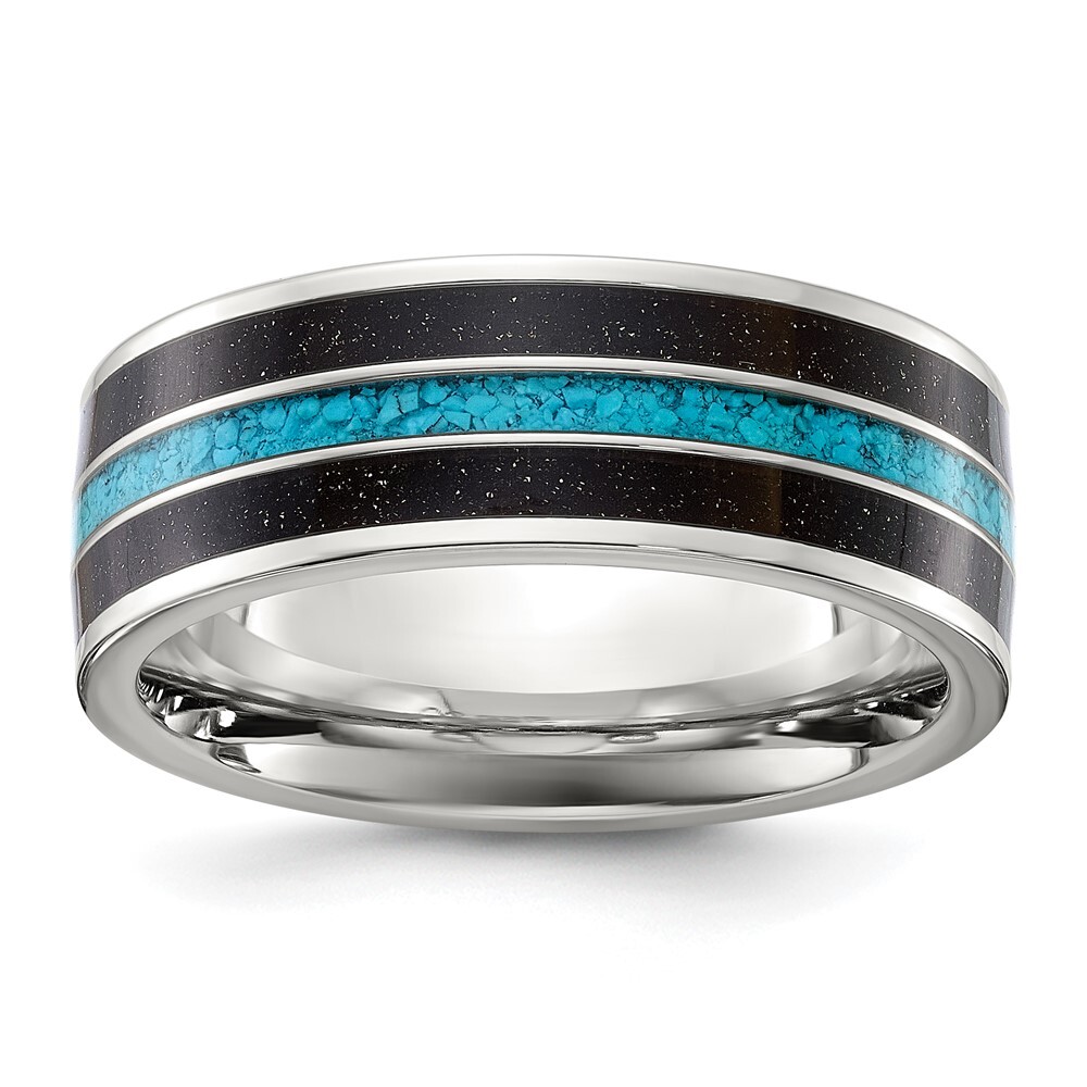 Titanium  with Turquoise and Black Star Sandstone Inlay 8mm Band Ring Size 11