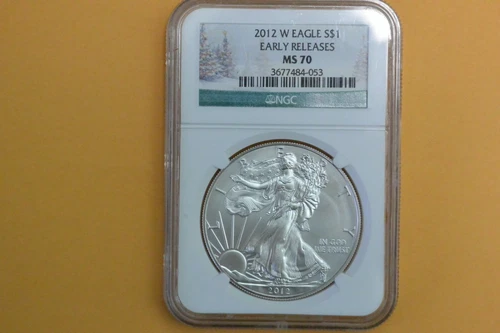 2012 W (BURNISHED) NGC MS70 SILVER EAGLE ER XMAS TREE LABEL - NGC LABEL DAMAGED