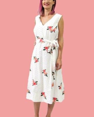 Plus Size Dress Calvin Klein White Lace Embroidered Coral Flowers Belted V  Neck