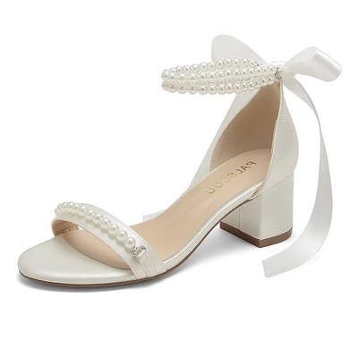 Block Heel Wedding Sandals Open Toe Pearl Wedding Shoes for Bride Low Heel Br...