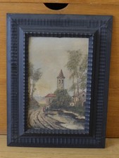 VECCHIO QUADRO DIPINTO SU LEGNO, CAMPANILE – CORNICE GUILLOCHE 57 X 42 (SFG)