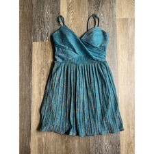 City Studio Pleated Mini Dress Womens 5 Teal Excellent Metallic Glitter Surplice