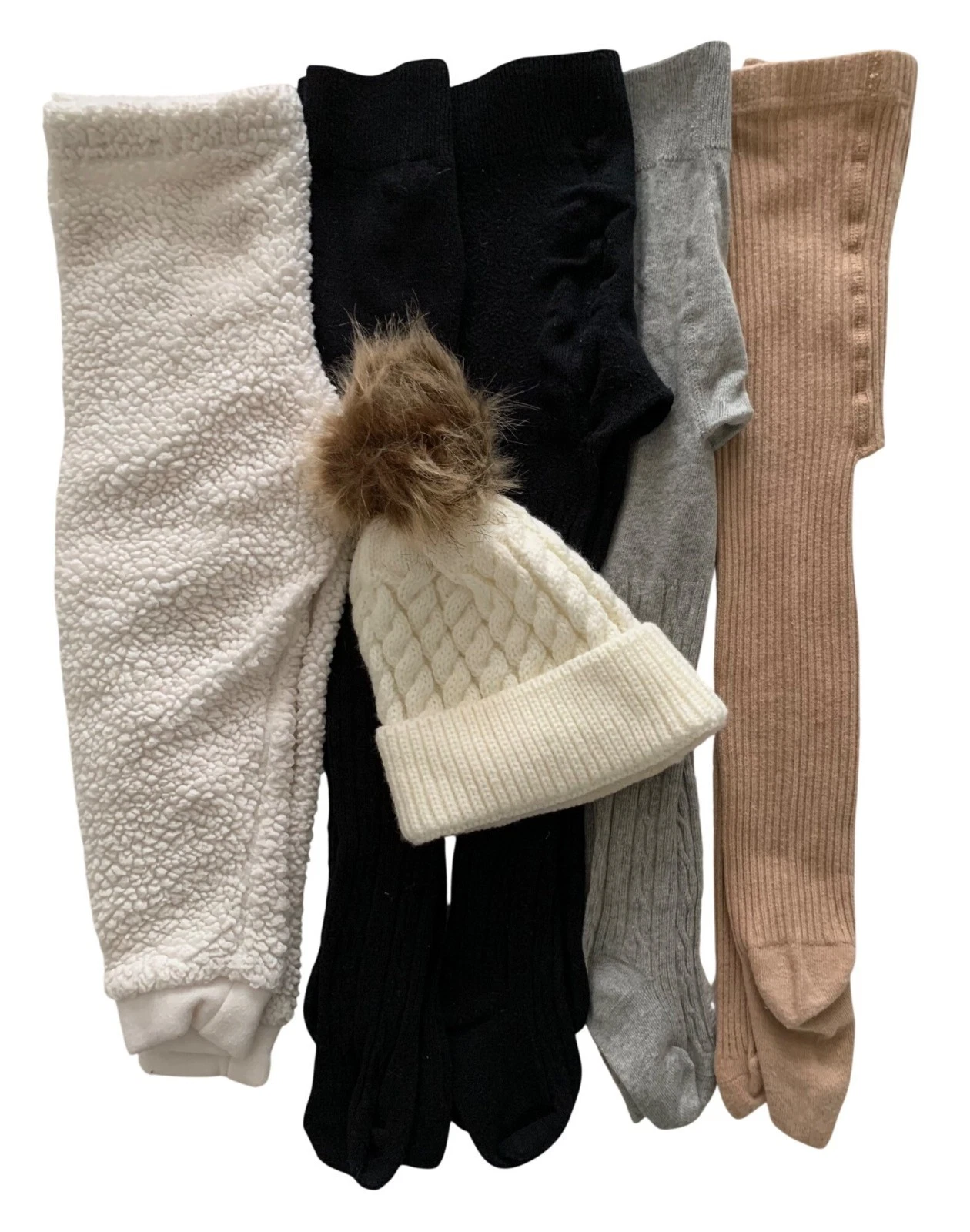 5 Pairs Toddler Tights & 1 Knit Hat Sz 3-4 Ribbed & Fleece Styles Neutral Colors