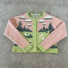 Zara Sheep Landscape Knit Cardigan Pink Green Pastoral Cottagecore Sweater Small