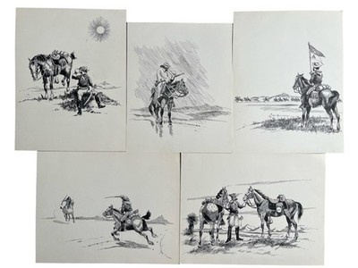 Vtg Pen and Ink Southwestern (5) Cowboy Drawings by Cornelius Smith (1913-2004)
