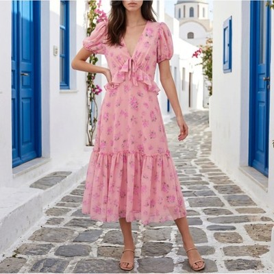 LoveShackFancy x Target Pink Floral Puff Sleeve Tiered Midi Dress 10 Women