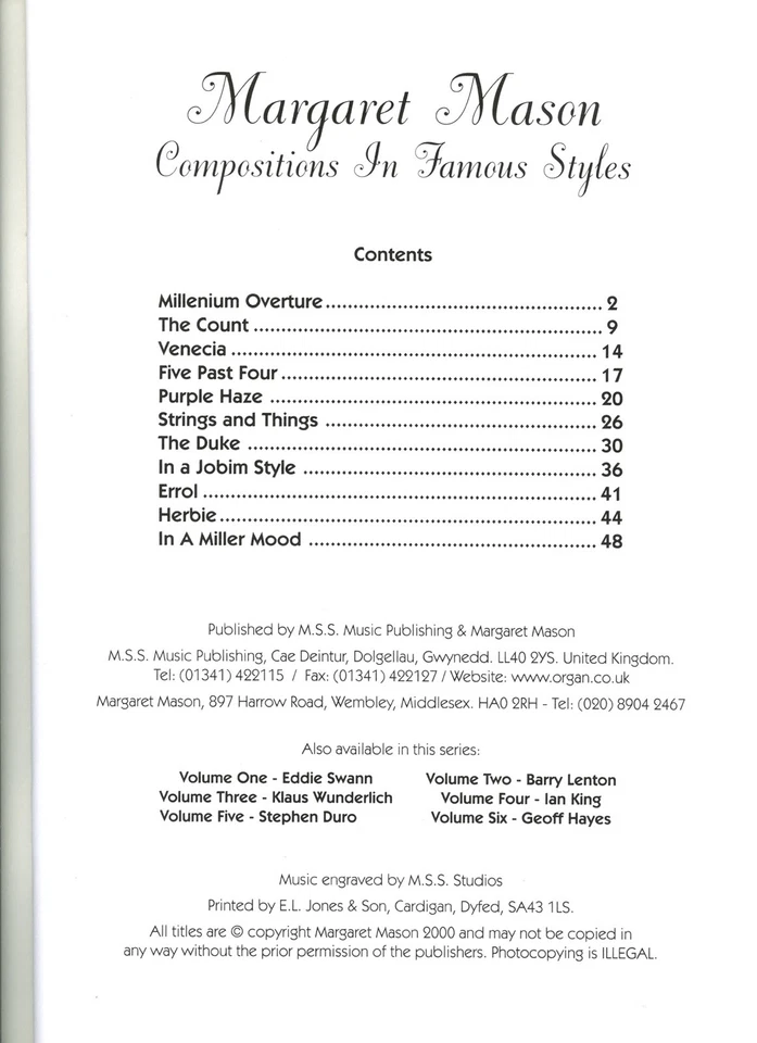 MARGARET MASON “Compositions” Vol.7 In Famous Styles: Music Book for Organ [NEW] - Image 2 of 4