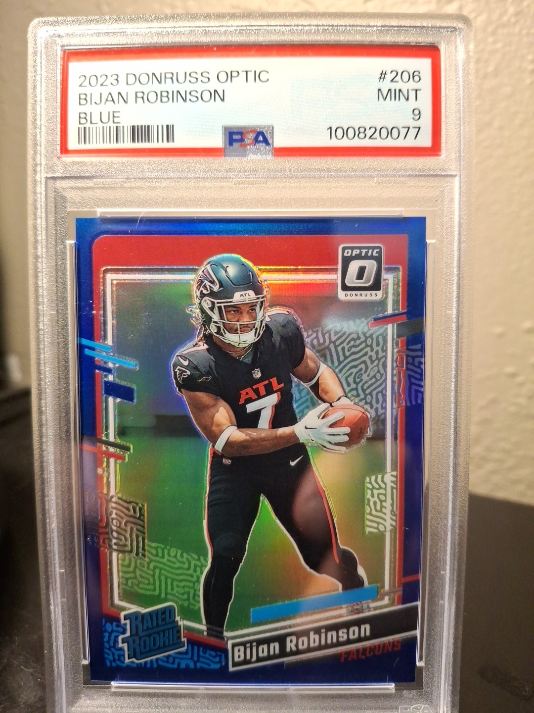 2023 Panini Donruss Optic Rated Rookie Bijan Robinson #206 Blue Prizm /199 psa9