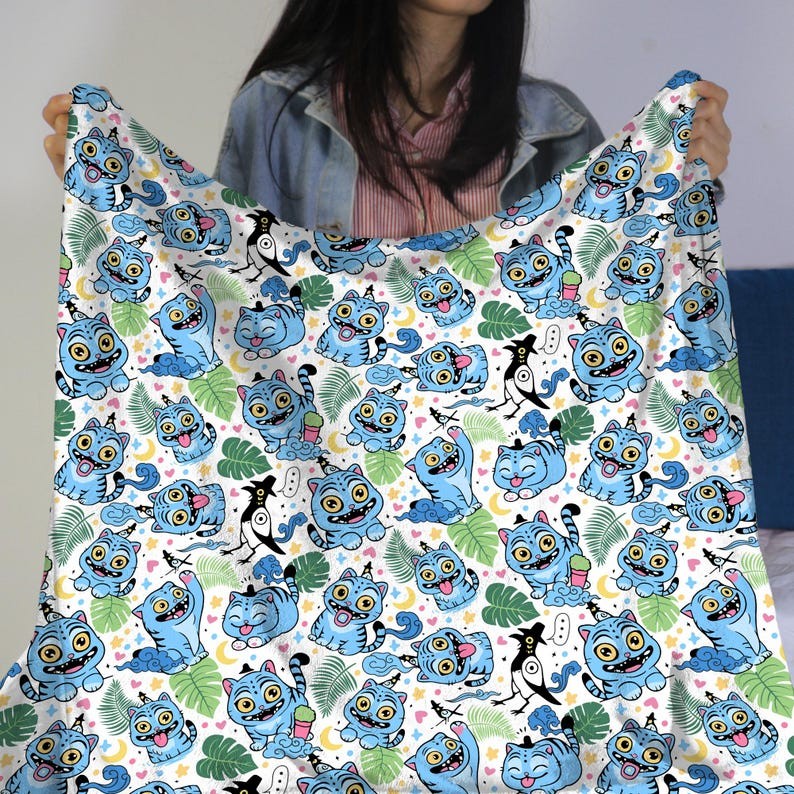 Derpy Tiger Fleece Blanket, Cozy Cotton Throw, Anime Blanket, Blue Tiger Blanket