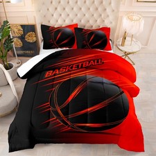 Kids Basketball Printed Quilt, 3pcs Red Black Modern Fashion Sports Game Comf...