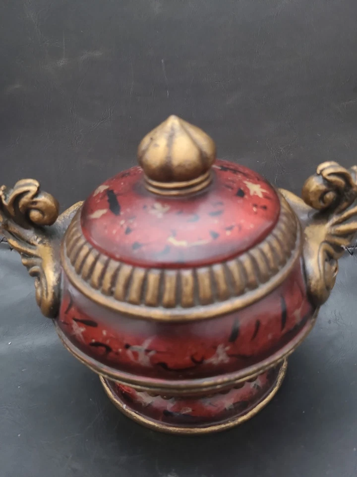 Tarro de urna decorativo con tapa estilo vintage resina dorada roja acento barroco decoración del hogar Foto 3 de 4