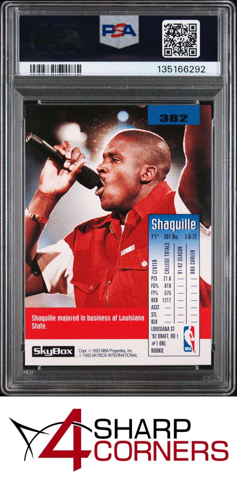 1992 SKYBOX #382 SHAQUILLE O'NEAL RC MAGIC HOF PSA 10 view 2