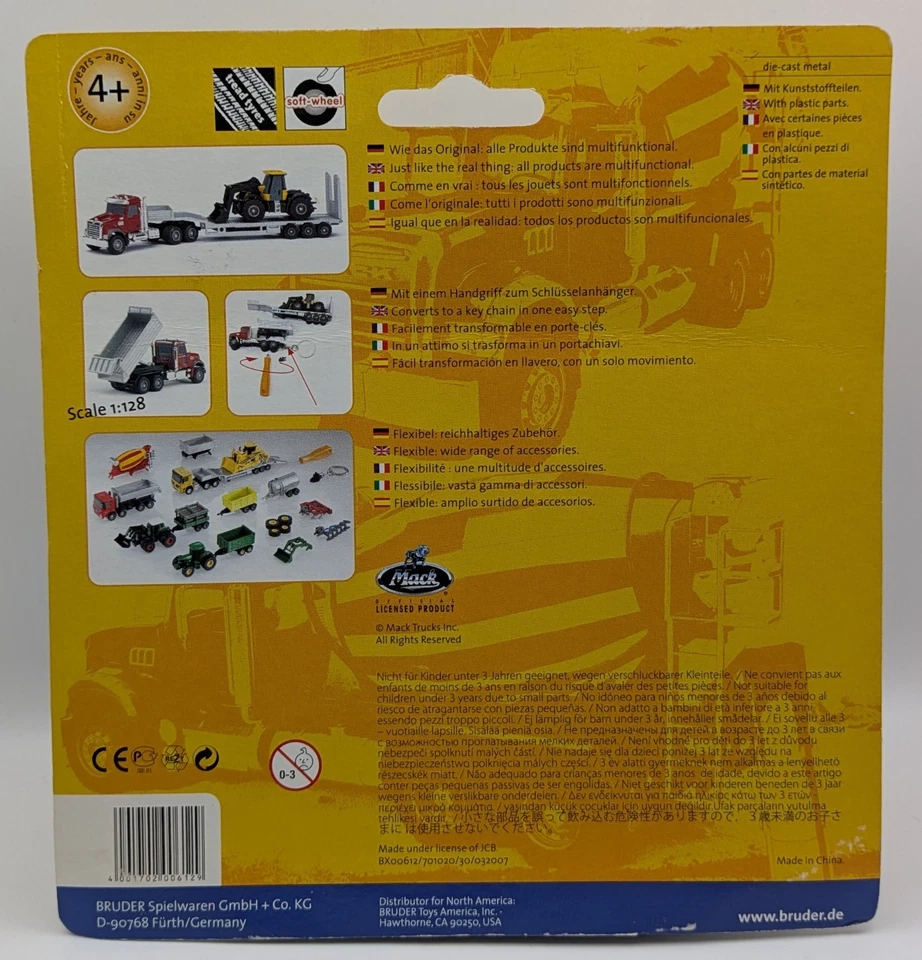 Bruder Mini Series Mack Truck Trailer & JCB Backhoe Diecast Keychain Set NEW - Image 3 of 4