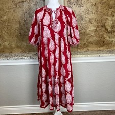 Matta Midi Dress Womens Medium Puff Sleeve Tiered Paisley Boho Red White