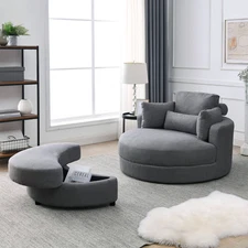 Modern Grey Swivel Sofa & Ottoman with Storage