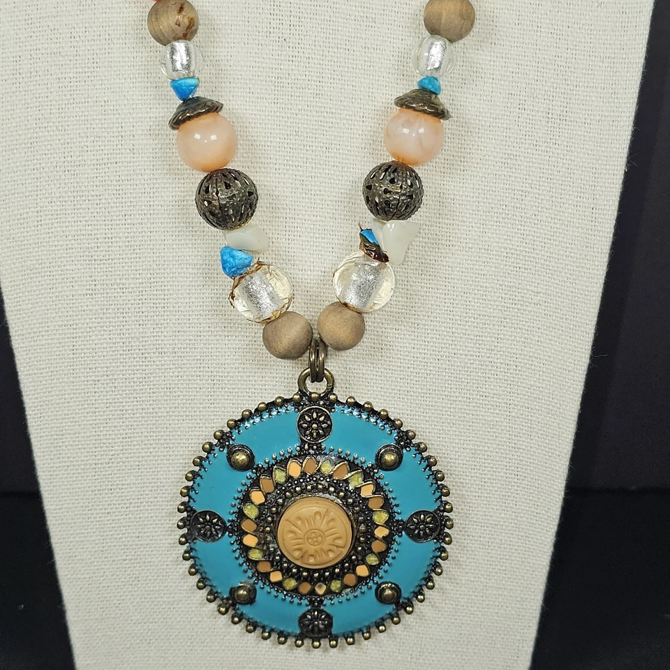 RUBÍ RD Collar MEDALLÓN BOHO Colgante Imitación Turquesa Tono Bronce Cadena Cuentas Foto 2 de 4