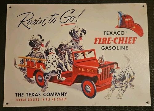 17” x 12” Vintage 1990s TEXACO Fire Chief Gasoline Dalmatian Dogs Tin Metal Sign