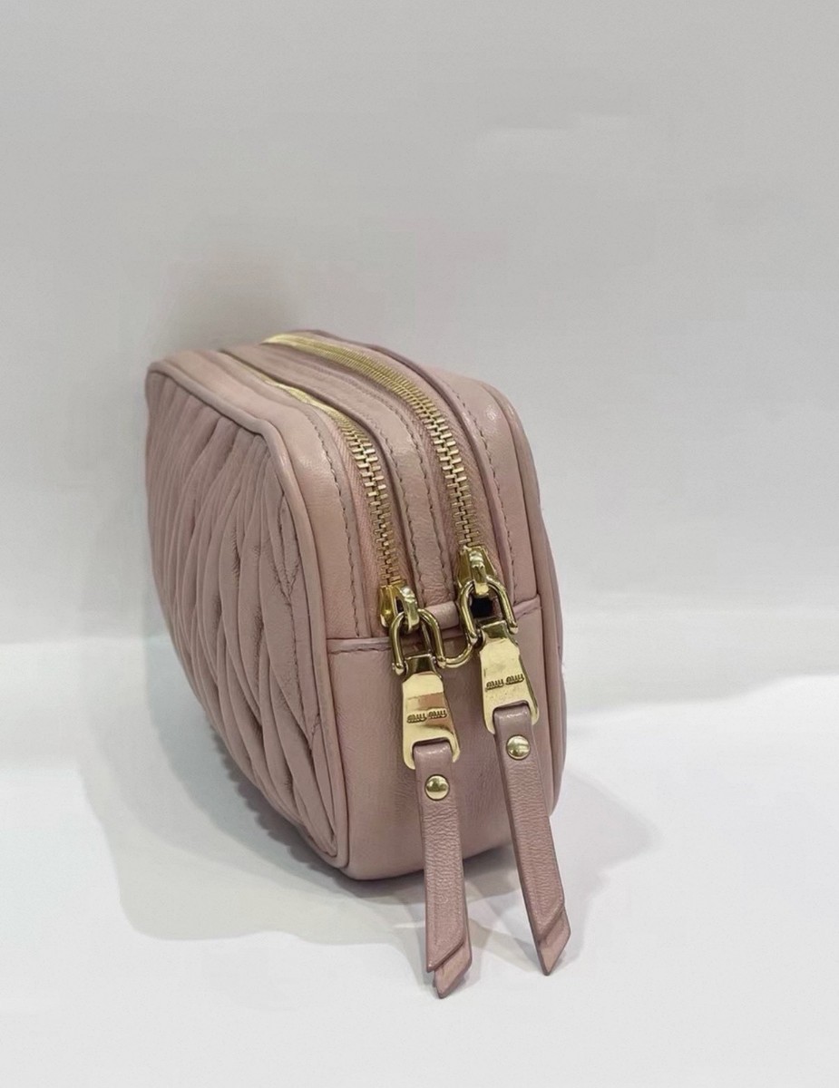 MIU MIU Matelasse Leather Hand Bag Accessory Pouch Pink FREE