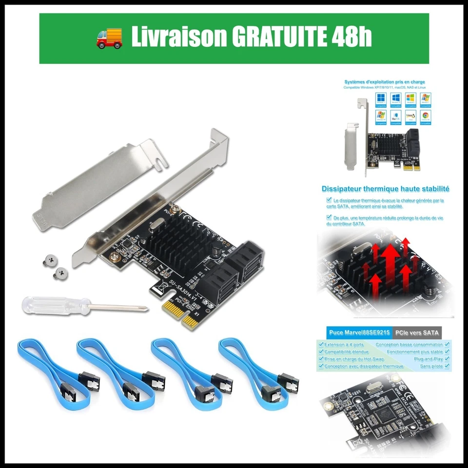 Carte contrôleur RAID PCIe SATA 4 ports 6 Gbps Ziyituod - Photo 1/4