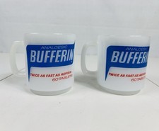 (2) Bufferin Pharmaceutical Advertising Mug Milk Glass White Retro Analgesic