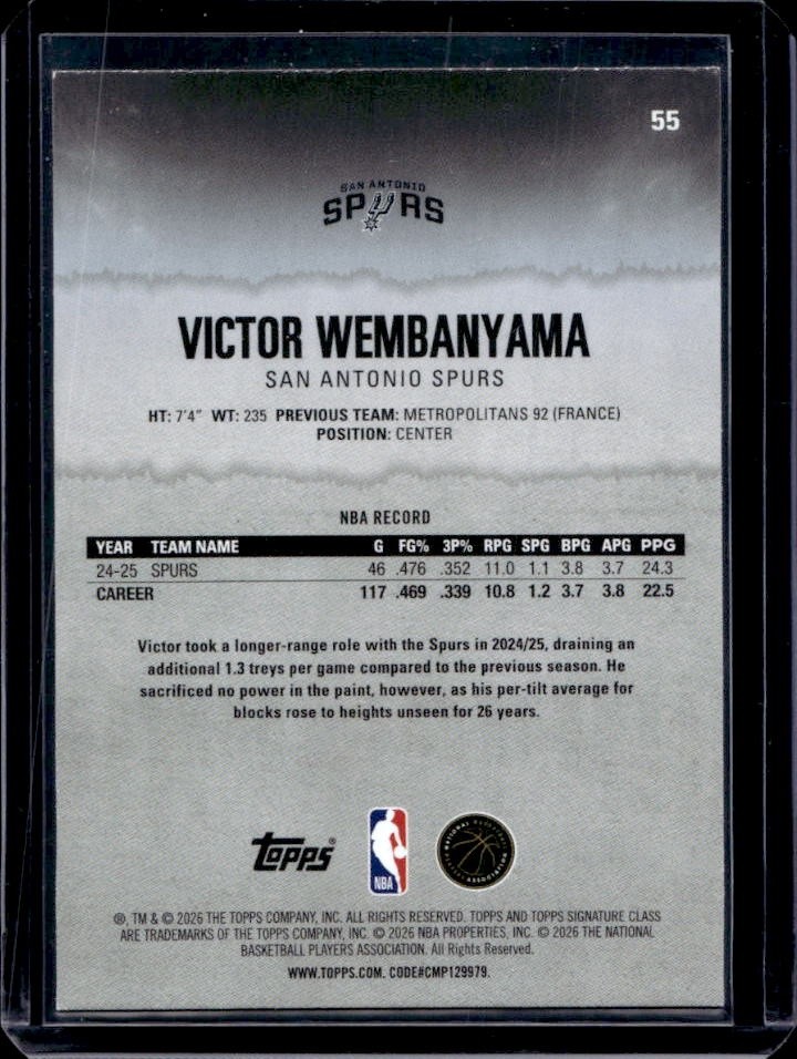 Tottenham Hp 2025-26 Topps Signature Class Victor Wembanyama Veteran #55 Spurs | eBay