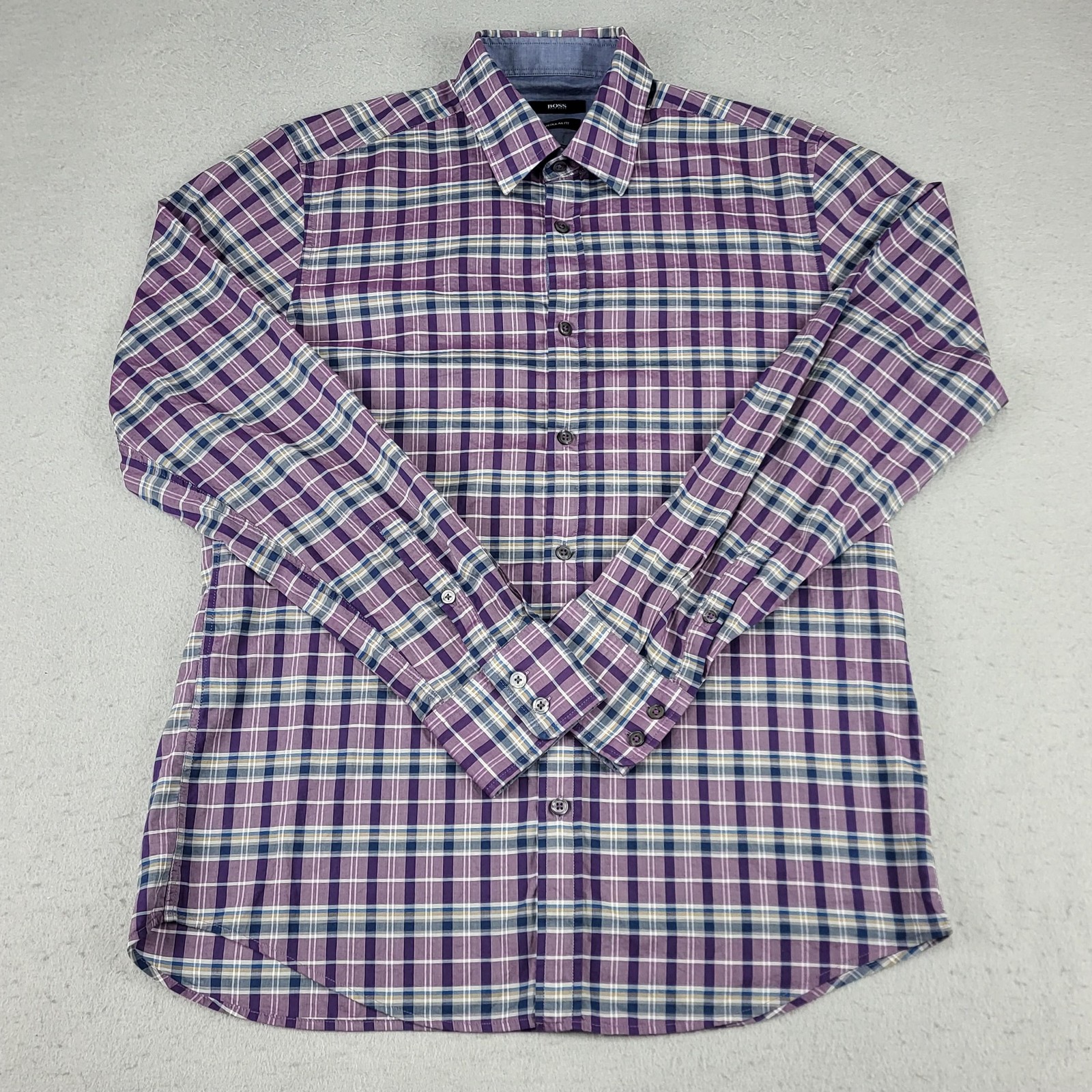 BOSS Hugo Boss Shirt Mens Medium Purple Blue Plaid Long Sleeve Button Down