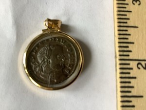 Rare Ancient Roman Bronze Coin In 10k Gold Round Bezel/Constantine I The Great