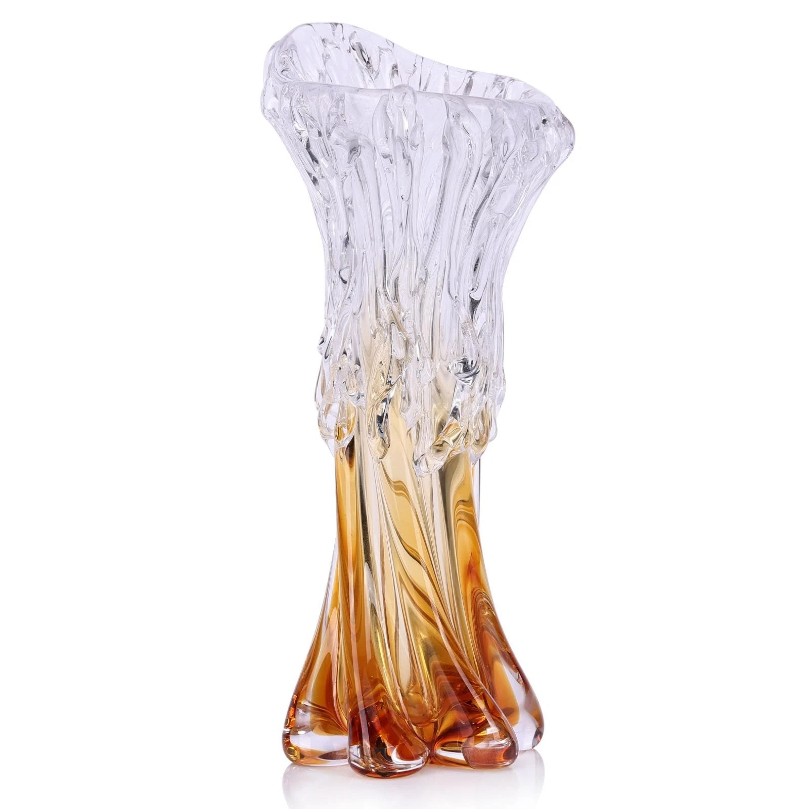 Hand-Blown Amber Glass Vase, 11.4 Inch-Unique Clear Amber Artistic Centerpiec...
