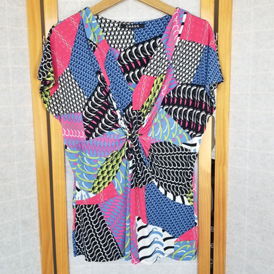 Chaus Ladies Vintage Colorful Top Size Large Stretch Knit Artsy Blouse