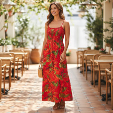 Rachel Zoe Linen Maxi Dress Tropical Size Large Red Leaf Monstera Pocket Smocked