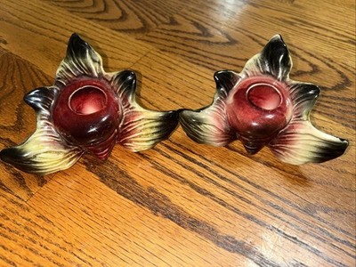 Vintage Hull Pottery USA Ebb Tide Candle Holders Red Sea Shell Ceramic Mermaid