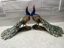 Vintage Pair Italian Ceramic Peacocks 1954 Majolica Hand Painted MCM Blue Green