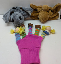 LOT OF 3, Story Time Glove Finger Hand, moose, Donkey, Puppets Multicolor Soft