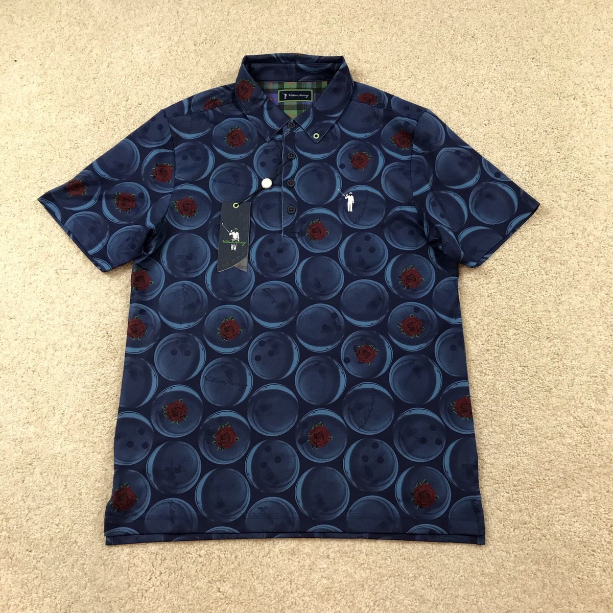 William Murray Golf Polo Shirt Mens Small Bowling Ball Floral Navy Blue
