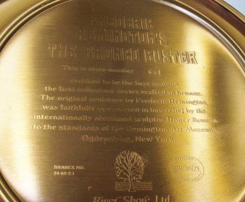 VTG FREDERIC REMINGTON'S "THE BRONCO BUSTER" BRONZE PLATE FIRST ISSUE #654 - Picture 3 of 3