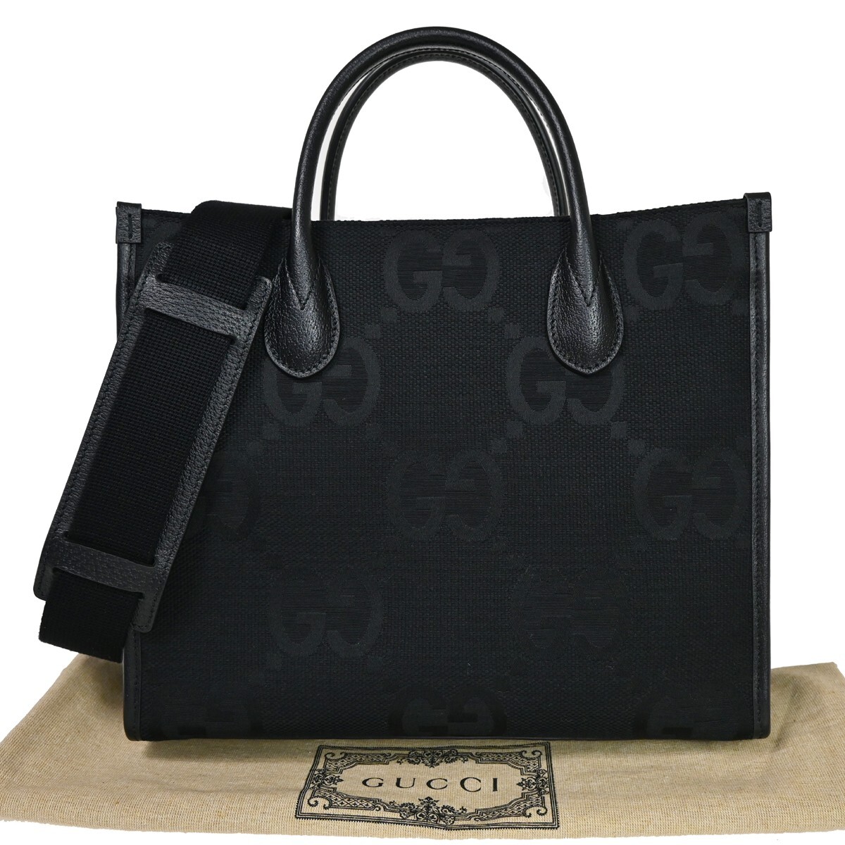GUCCI Jumbo GG 2Way Shoulder Hand Bag Canvas Leather Black GUCCI Jumbo GG 2Way Shoulder Hand Bag Canvas Leather Black