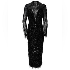 Carolina Herrera Metallic Long Sleeve Beaded Fringe Dress