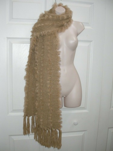Women's Winter Knit Neck Scarf & Rabbit Hair Tufts Tan New - Picture 6 of 12