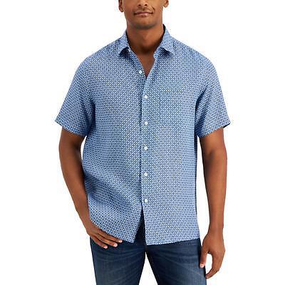 Club Room Men's Shallow Blue Combo Geo-Print Linen Button Up Shirt Size S - Picture 1 of 1