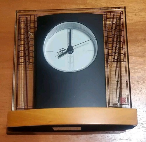 Bulova Frank Lloyd Wright Glasner House Clock Desk Mantel Glass Wood Etched - Picture 2 of 13