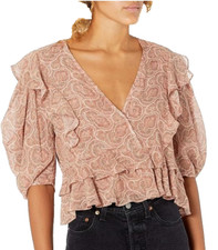 The Kooples Crop Blouse Paisley Wrap Top Pink Ruffle Balloon Sleeve Boho UK 8