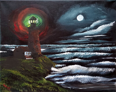 Nachtlicht Acryl Gemälde auf Leinwand im Stil von Bob Ross NEU